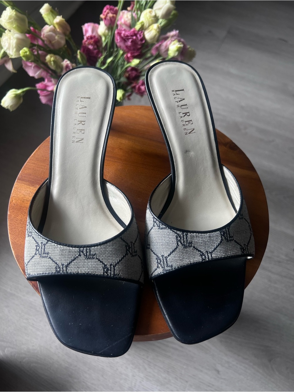 Lauren Ralph Lauren Navy and Ivory Monogram Slide Mules